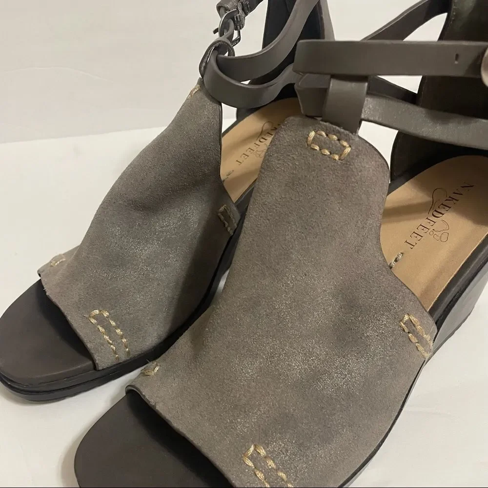 Naked Feet Crux Grey Suede and Leather Wedge Sandals size 8
